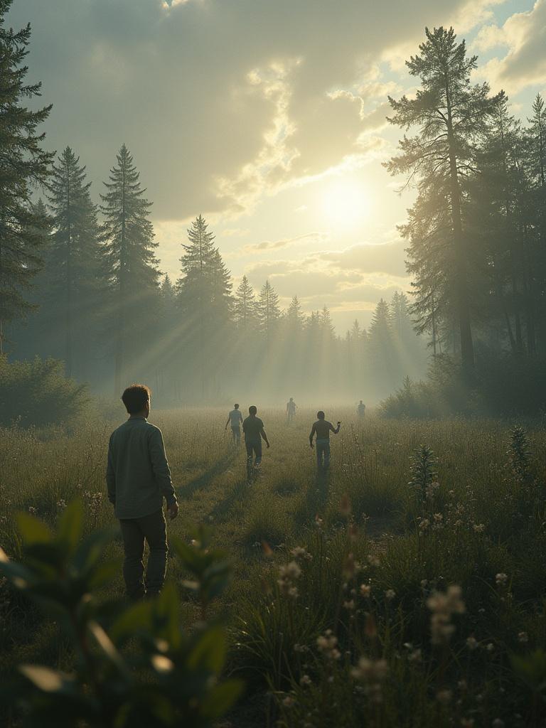 A serene meadow scene after an apocalypse. People walk through fog in a forest. Sunlight streams through trees illuminating the path. The atmosphere evokes both despair and hope. A blend of nature and humanity is evident.