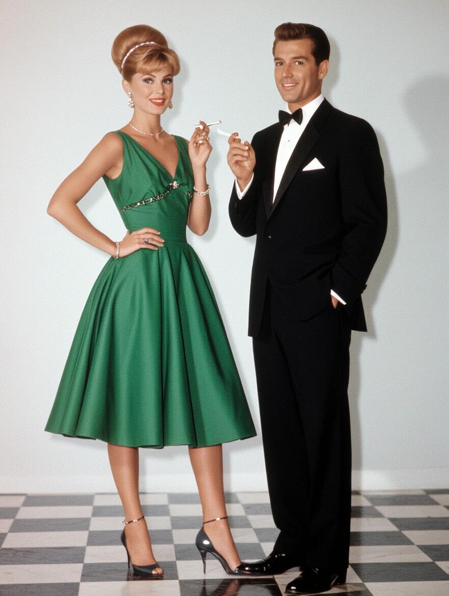 Couple stands at a party. Woman wears a green dress with a V neck and wide skirt. Man wears a black tuxedo and bow tie. Woman holds a cigarette. Both pose with stylish confidence. Setting conveys 1950s party atmosphere. Full body view captures elegance and sophistication.