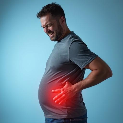A slightly overweight man in a grey shirt shows a pained expression, hand on his lower back. He leans forward in discomfort. A soft red glow appears where he touches. Background features a light blue gradient with a clinical and abstract medical design.