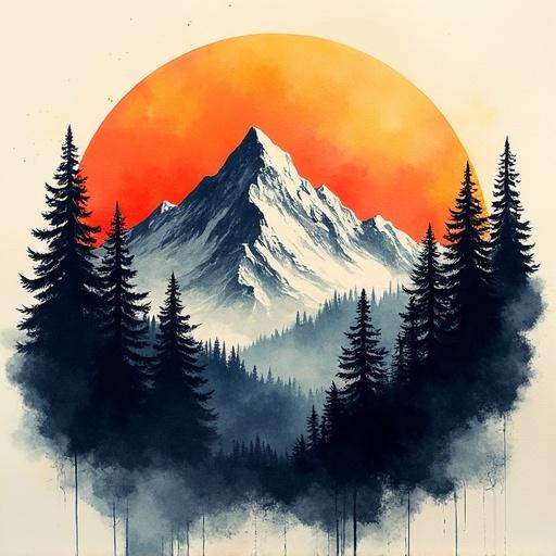 Abstract representation of a mountain landscape. Features a towering mountain under a glowing red sun. Silhouetted evergreen trees in the foreground. The overall scene conveys tranquility and beauty in nature.