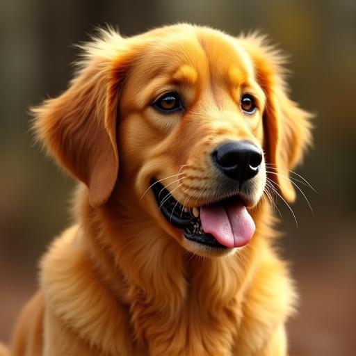 A golden retriever with a soft expression and bright eyes faces the camera, fur appearing honey-colored and shiny. Background is blurred with soft colors.