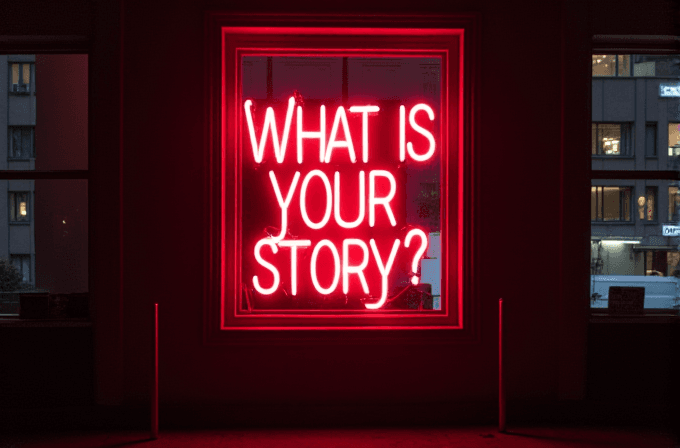 A bright red neon sign asks, 'What is your story?' in a dimly lit environment.