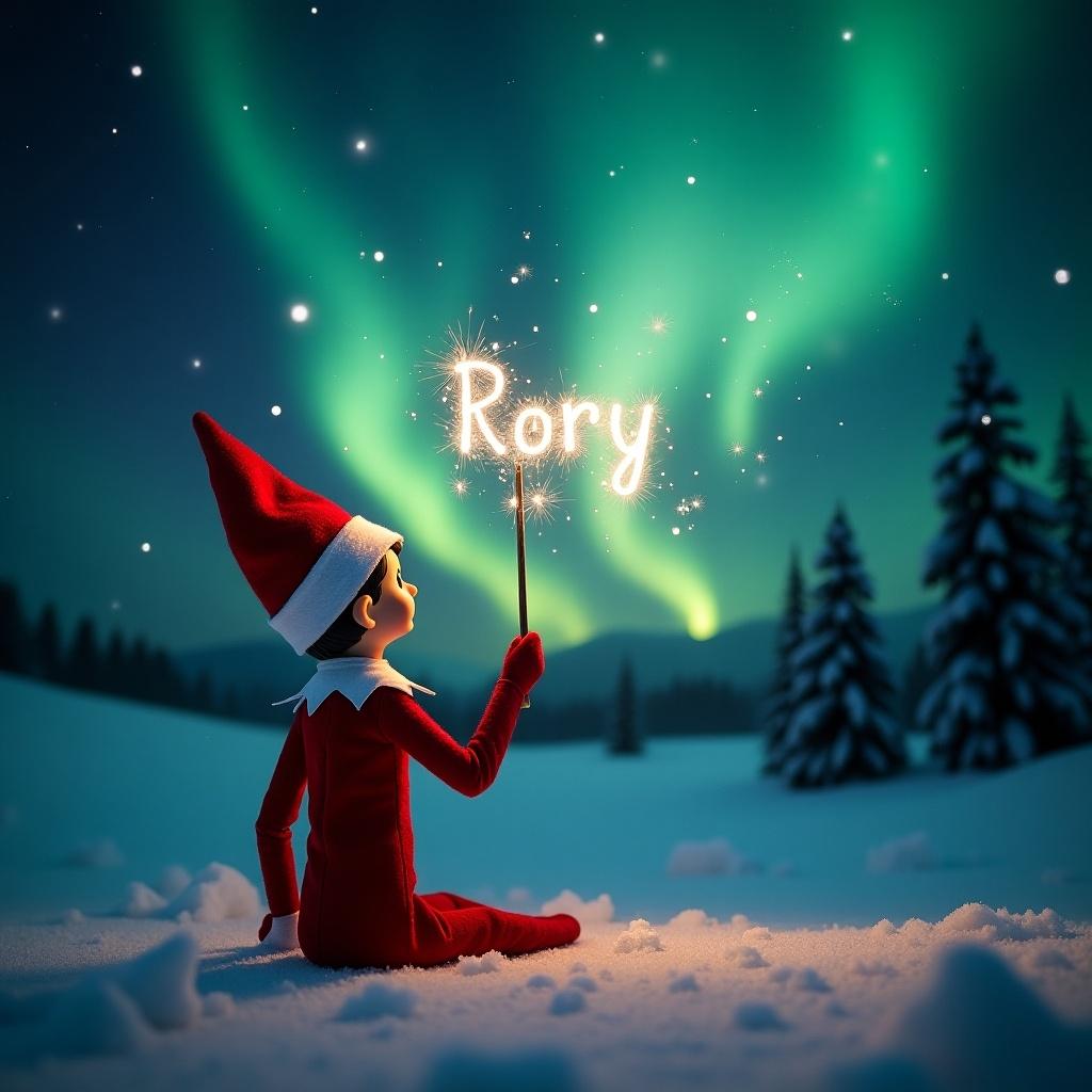 This image showcases an enchanting scene capturing an elf on the shelf positioned with its back to the viewer. The elf, dressed in a traditional red outfit, faces upwards towards a stunning dark sky filled with vibrant northern lights. With a magic wand in hand, it elegantly writes the names Rory in sparkling letters against the backdrop. The snowy ground adds a serene touch to this magical moment. Overall, the atmosphere is filled with wonder and holiday joy, perfectly embodying the essence of Christmas.