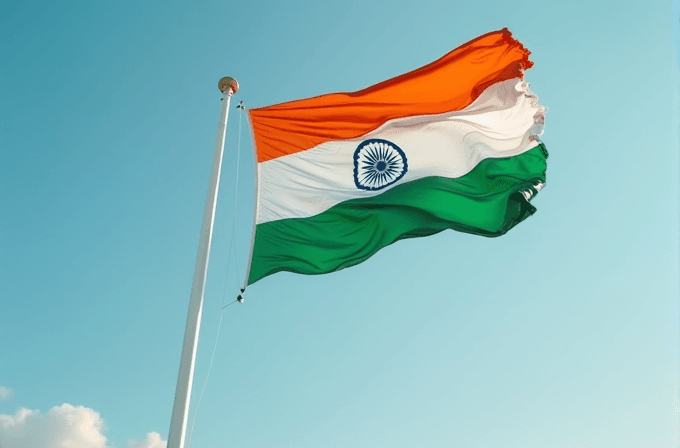 The Indian national flag waves majestically against a clear blue sky.