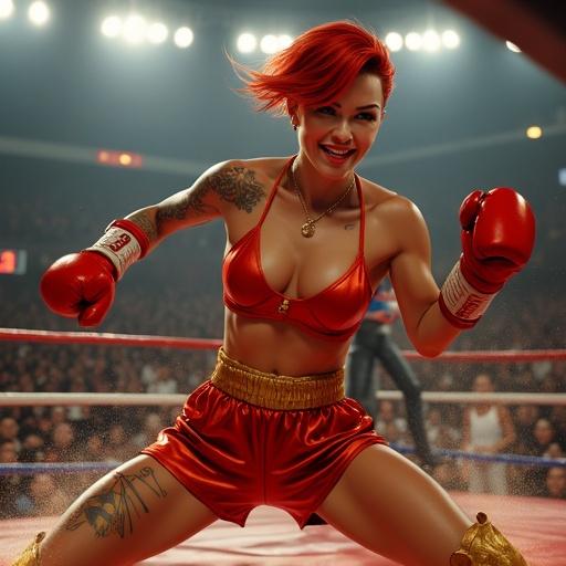 Action-packed mid-motion shot of Rina 'The Crimson Comet' Volkov, charismatic lightweight boxer demonstrating powerful attack in roaring underground arena. Rina has athletic build, confident grin, and fiery red hair. She wears scarlet boxing trunks with gold trim, metallic gold gloves, showcasing bold tattoos. Captured executing signature move 'Comet Crash', surrounded by an excited crowd, bright lights, and a vibrant atmosphere. Digital art style emphasizing speed and power with saturated colors.