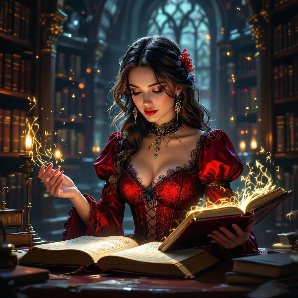 Enchanting magical woman engages with an ancient spellbook in a grand library scene. Woman wears a captivating red gothic dress. Soft glow illuminates the scene. Rich details create a mystical ambiance. Digital painting influences evident throughout.