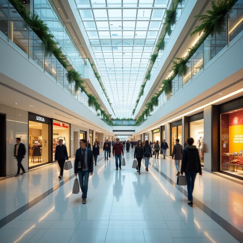 Image of a modern shopping mall showcasing a spacious, bright interior with shoppers walking.