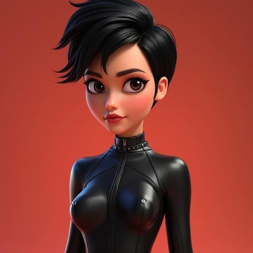 Pixar animated character with black pixie hair. Slim thick figure in a stylish leather suit. Vibrant background highlights the character's playful expression.