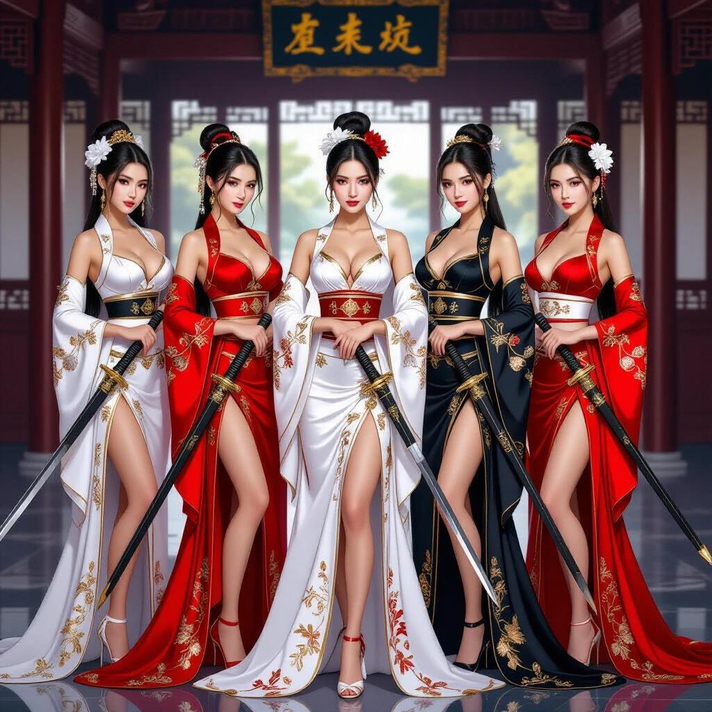 Five women dressed in oriental fantasy style stand in formation inside a palace room with traditional architecture. They wear lingerie in white and red with gold accents, adorned with flowing fabric. Each holds a sword, presenting elite warriors or palace guardians. Their hair styled with floral ornaments, blending beauty and strength in a grand setting.