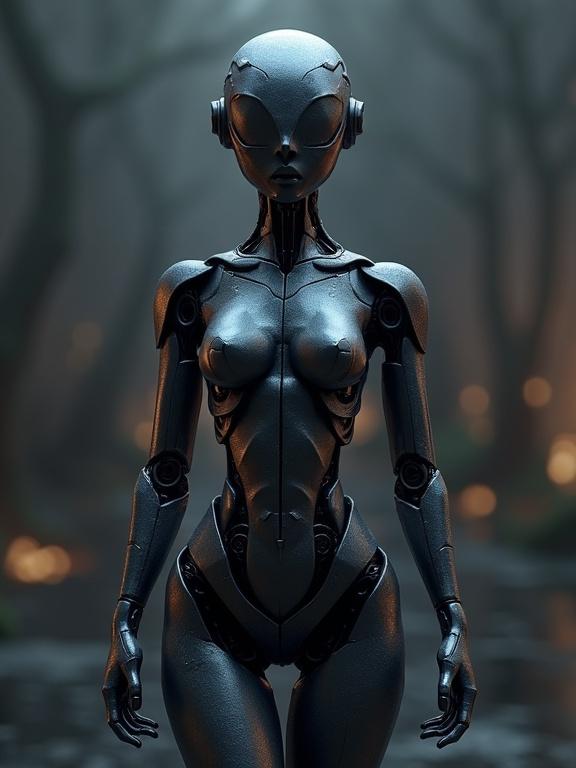 A detailed humanoid robot sculpture stands in a dark forest. The robot has a smooth, metallic body with curves and geometric designs. Dramatic lighting enhances the robotic features and shapes. The scene is nighttime with soft focus effect.