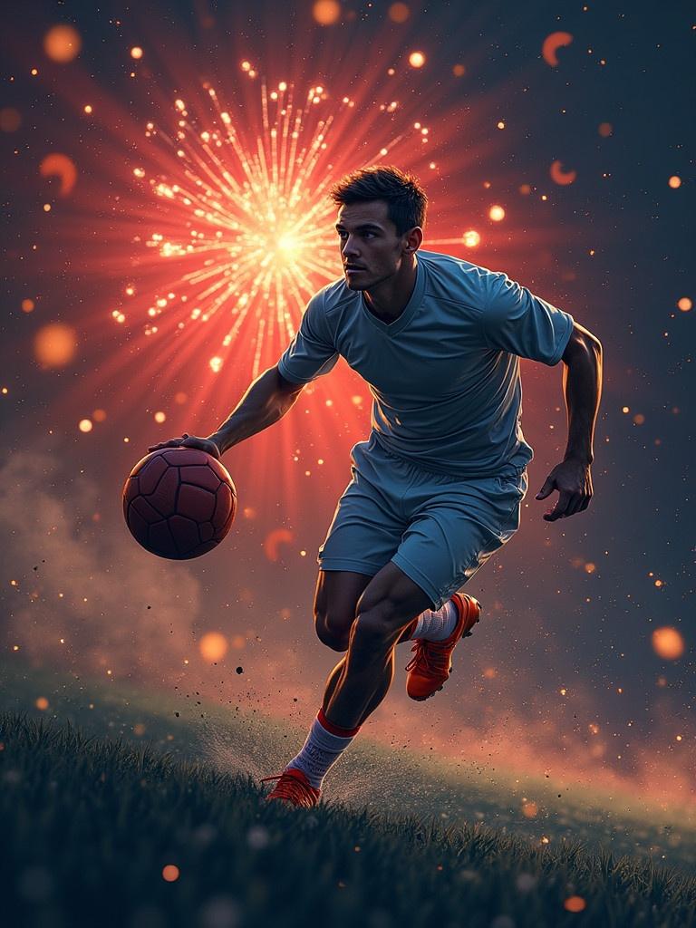 An athlete running with a soccer ball at night during a fireworks display. The athlete is wearing a sports jersey and shorts. Background shows a colorful explosion of fireworks with sparkling lights.