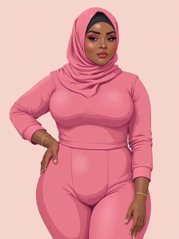 Illustration featuring a chubby woman wearing a hijab. She is in a pink bodysuit. The focus is on her confident expression while she looks directly at the viewer. The style is vector art.