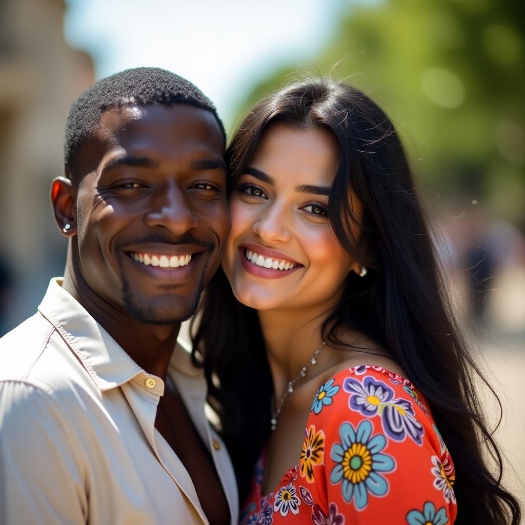 Couple smiling warmly at the camera. Woman in floral top. Man beside her. Young adults in vibrant setting.