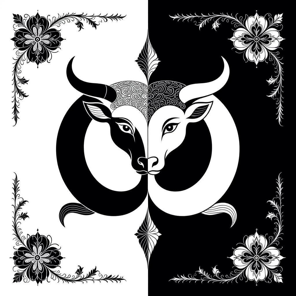 Fusion of a stylized Phoenician aleph rotated 90° and zodiac bull symbol. Forms merge highlighting their likeness. Minimalist design with black lines on white background.