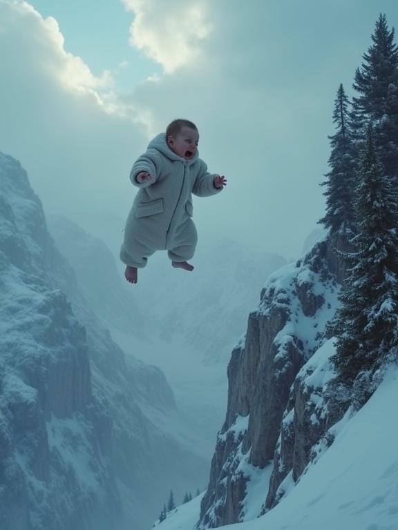 A swaddled baby flung from a crashing carriage mid-air over a snowy mountain landscape. Parents appear distressed in the snow. High angle view shows the mother and father reaching out.