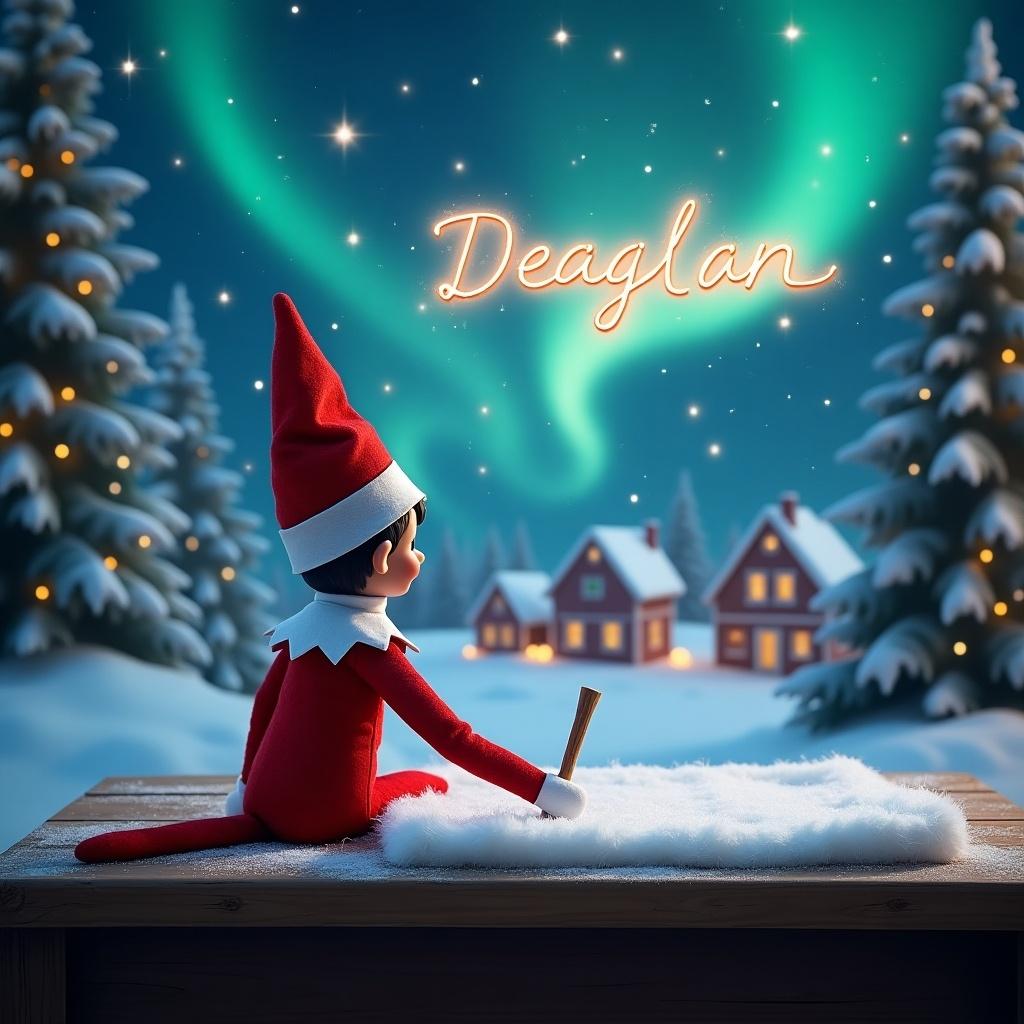 A charming Elf on the Shelf is sitting at a wooden table, writing names on a fluffy white cloth. The elf is dressed in a classic red outfit with a white collar and a pointy red hat, exuding a cheerful demeanor. Soft snowflakes are falling around, creating a whimsical winter atmosphere. The background is a deep blue, enhancing the festive mood. Sparks of fairy lights and stars can be seen in the air, adding a touch of magic to the scene.