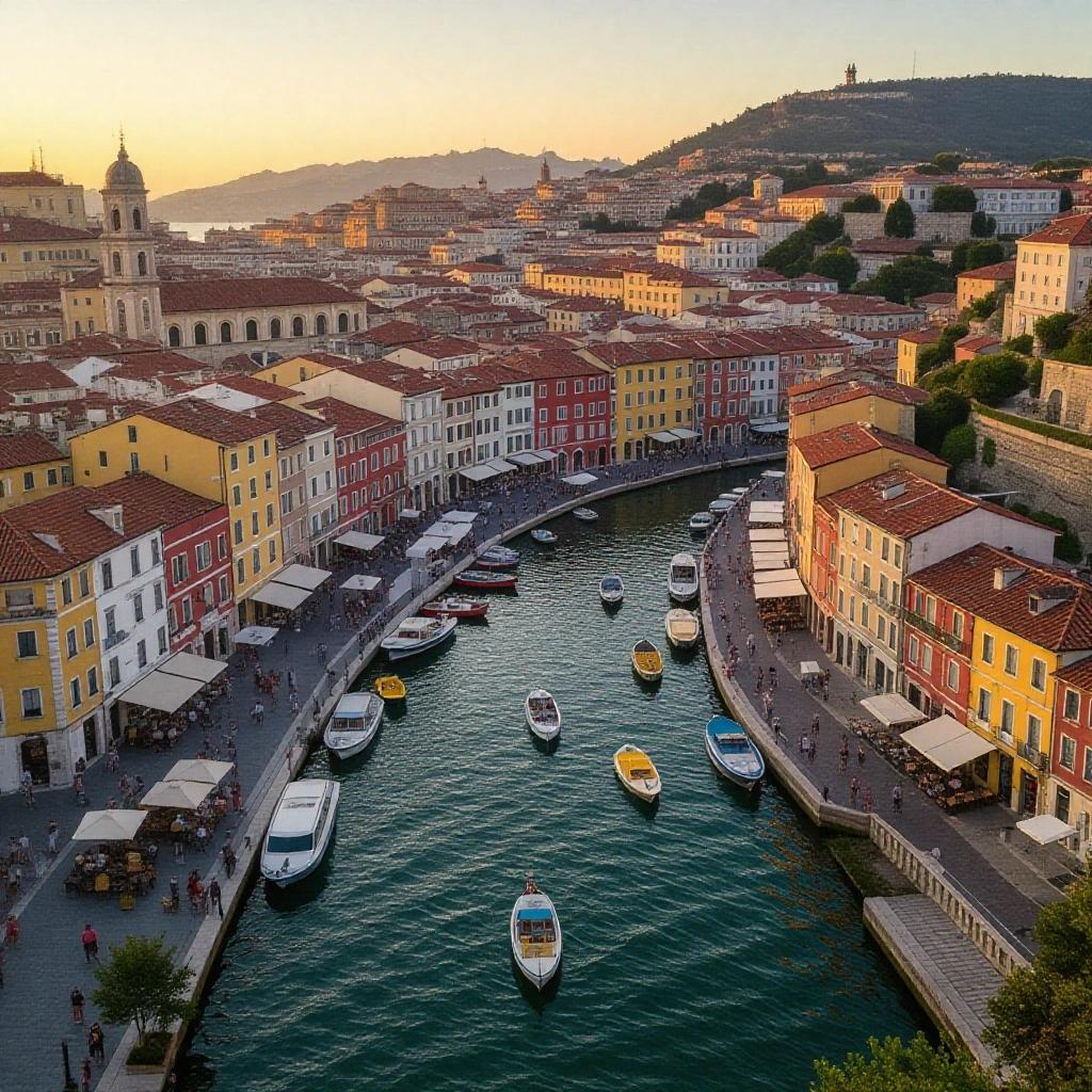 A river in a colorful coastal town at sunset with various boats docked.