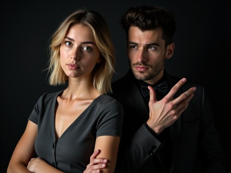 Book cover design with a light-skinned woman and a light-skinned man. Woman is on the left, has shoulder-length blonde hair and gray-black dress. She looks serious, slightly to her right. Man on the right, dark hair in a quiff, wearing a dark suit and bow tie, gestures with right hand. Dark background, large Russian title in light color. Portrait orientation, dramatic lighting, contemporary style.