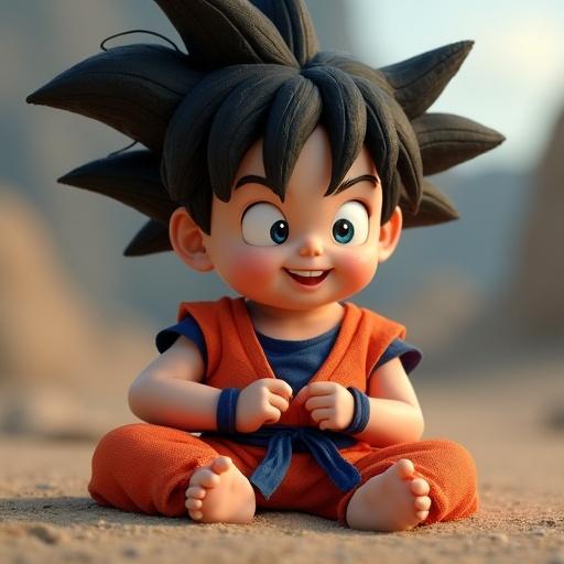 Hyper realistic CGI rendered baby Goku character with big hair and a playful expression. Seated on the ground with a vibrant outfit.