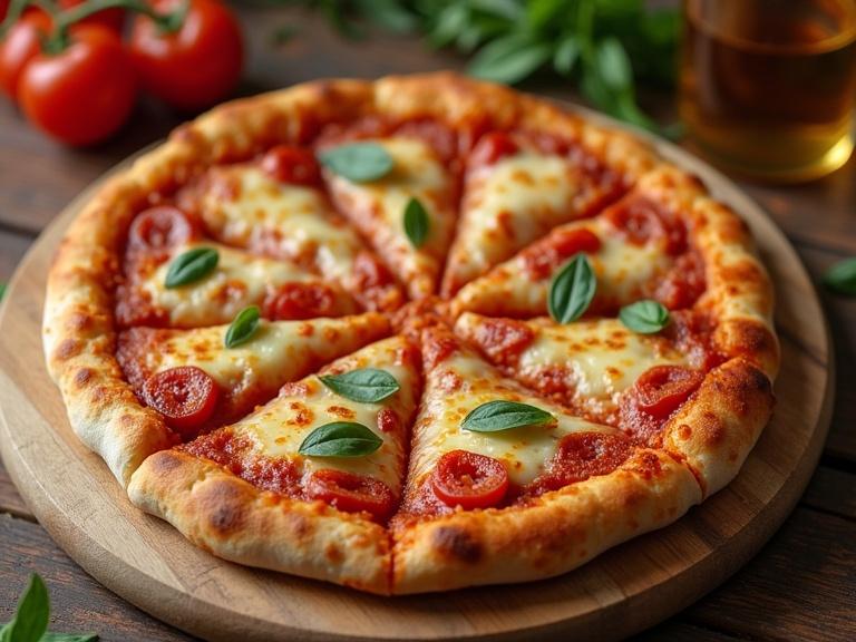 A close-up shot of a pizza topped with pepperoni and basil on a wooden board. The composition is visually appealing with natural lighting.
