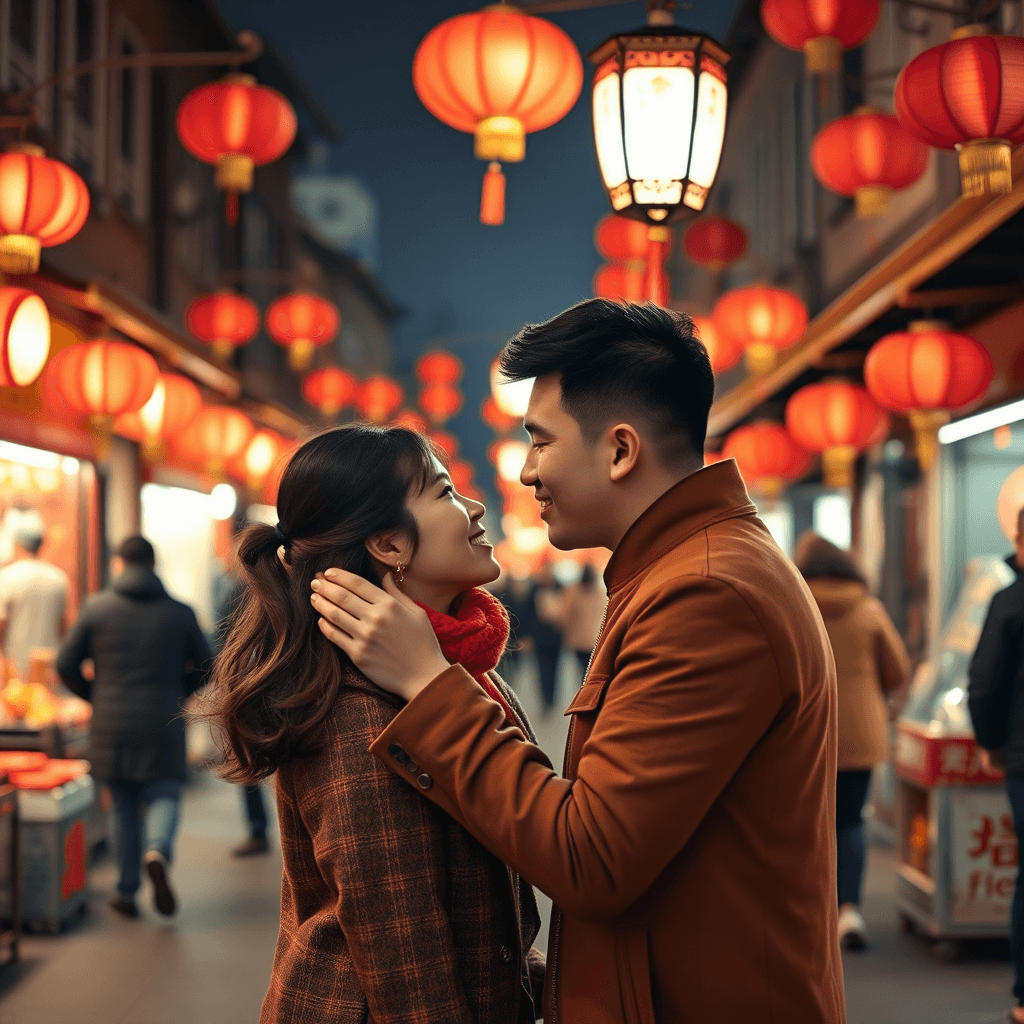 A couple enjoys a romantic moment under hanging red lanterns in a bustling night market.