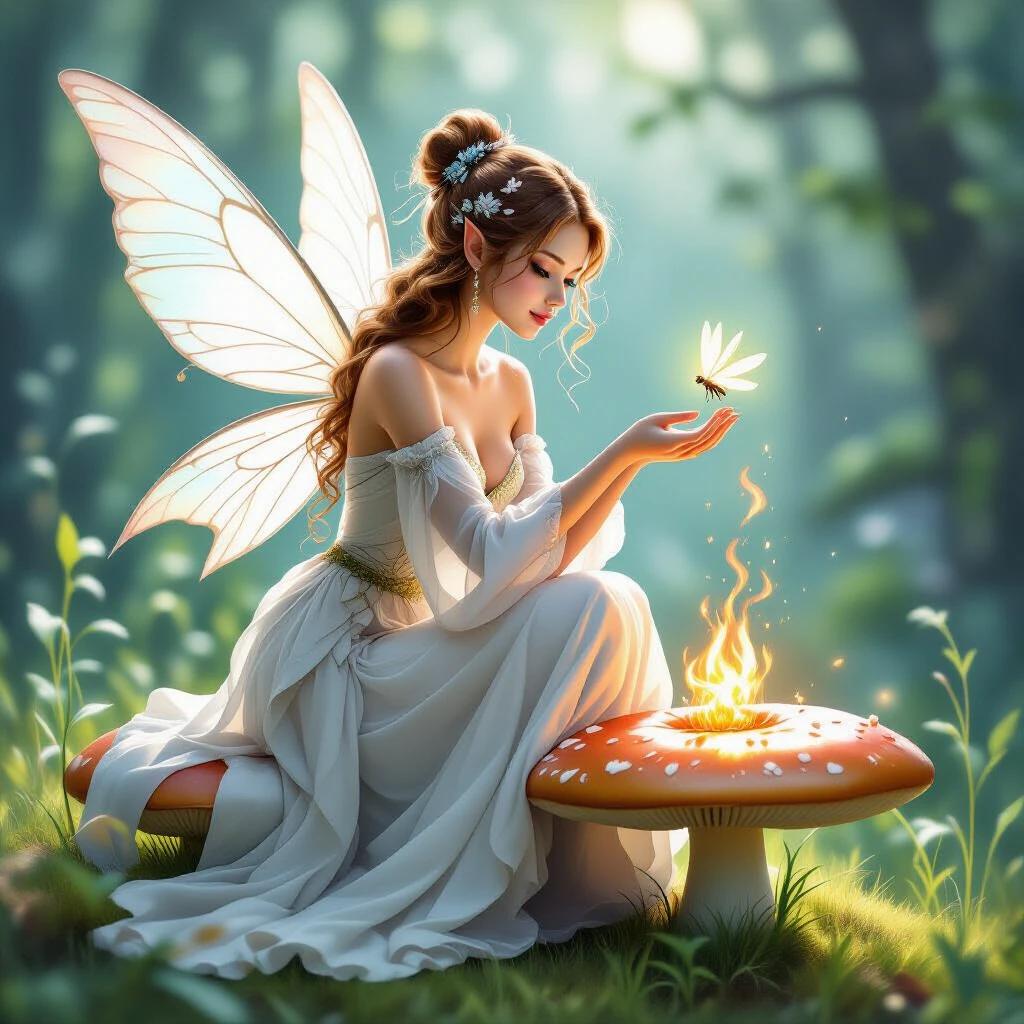 Elegant adult fairy kneeling on a dewy mushroom, styled with flowing silk gown, reaching out to touch a glowing firefly in a magical forest.