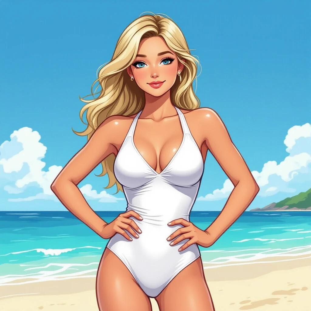 20-year-old girl blonde hair wearing white swimsuit at beach with right hand brushing hair left hand on hips. Semi-realistic comic style heavy outlines
