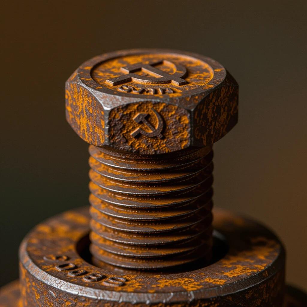 An extreme close-up of a heavily rusted Soviet M14 metric hexagonal bolt. The hexagonal head is photographed from the front at a slight tilt to show the threaded shaft. It features a prominent Hammer and Sickle symbol embossed on the top surface. The angle allows visibility of the heavily rusted threaded section. The bolt is clamped in a vintage vise grip tool. The image focuses sharply on the emblem and rust details with a smooth bokeh background. Side lighting highlights the textures while contrasting deep oranges and browns of the rust with the dark grey jaws of the vise. The texture is hyperrealistic, showcasing every imperfection.