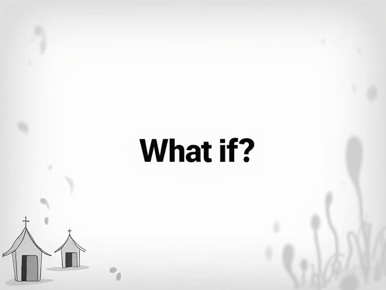 Imaginary white and grey background cartoon style. Large black text saying 'What if?'. Small imaginary elements on either side. Minimalist and whimsical design.