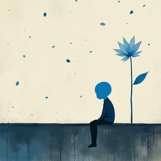 Bald stick figure sits in a tall bar at center. Figure is a silhouette filled with blue color. One tall flower stands beside. Petals fall gently around. It is a dreamlike minimalist composition.