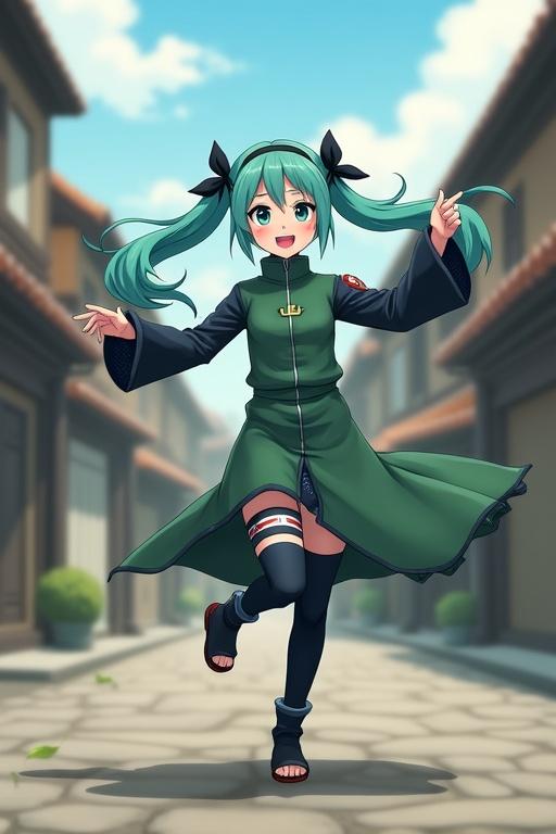 Hatsune Miku dressed in a Hidden Leaf Village ninja uniform. She dances in the streets of the village. The costume includes a headband and is green. The setting is a peaceful street scene.