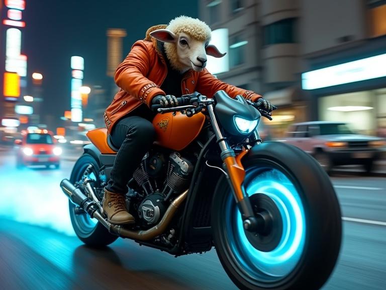 Dynamic shot of sheep in orange jacket riding motorbike at high speed in neon city. Sheep shows intense focus. Cityscape background with motion blur. Dramatic lighting highlights sheep face and motorbike. Shallow depth of field, cinematic color grading. Realistic and energetic with high-end commercial inspiration.