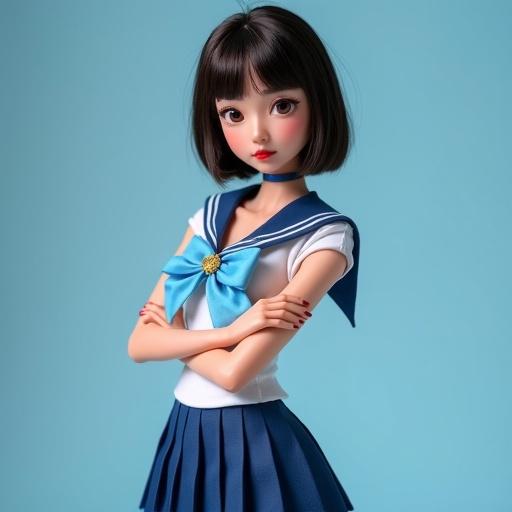 A character resembling Sailor Mercury standing in an elegant pose. Outfitted in a blue pleated mini skirt and tight white top with a sailor collar and a light blue bow. Short blue gloves and a matching choker. Hair is a straight blunt bob cut in dark brown. Makeup includes vibrant red lips and pastel blue eyeshadow. Displaying a soft smile with a focused gaze. Indoor studio setting with soft lighting.