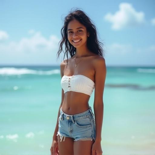 Female model stands by the ocean wearing a white bandeau top and denim shorts. The scene showcases a beautiful sunset sky and bright blue water. The model is captured in a side view with a relaxed pose. She has a natural smile and her hair flows softly in the breeze.