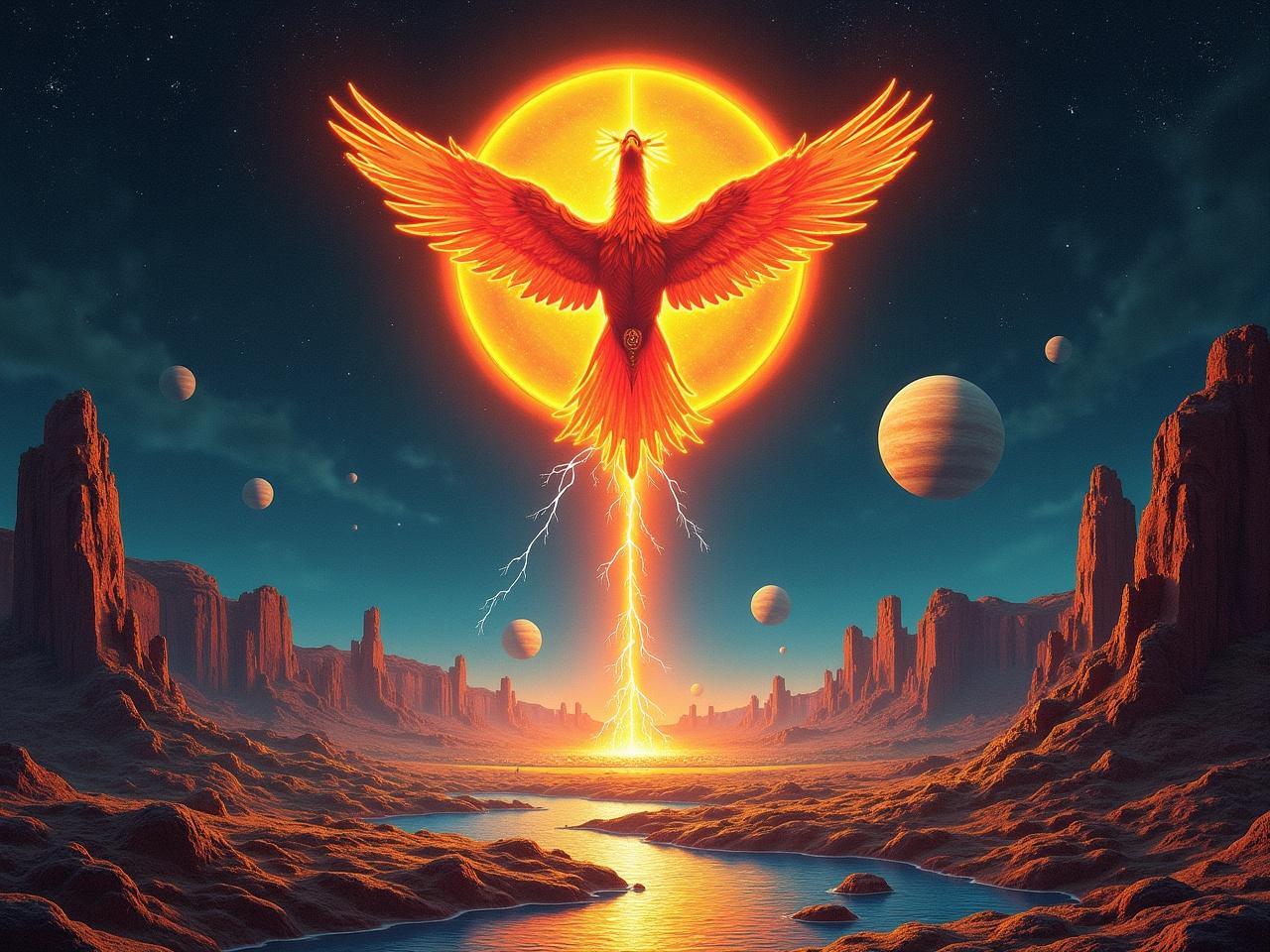 This artwork is a vibrant depiction of a phoenix set against a cosmic backdrop. The phoenix, glowing in bright orange and red hues, embodies themes of rebirth. Surrounded by planets and moons, it is reminiscent of celestial exploration. A river runs through an alien landscape, enhancing the sense of wonder. The image captures the essence of confrontation with the unknown and evokes an epic narrative, perfect for album cover art.