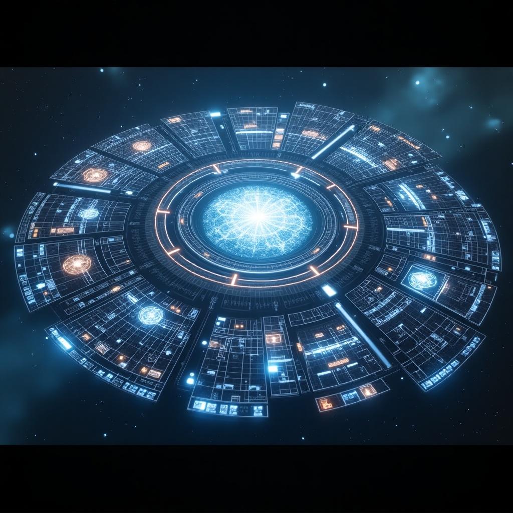 Hyper-realistic intricate holographic control interface for a quantum ethics module. Features dynamic patterns and glowing elements within a cosmic backdrop. Displays vital metrics and interaction fields. Central glowing nexus surrounded by layers of transparent control panels. Cinematic lighting with depth and energy flows.