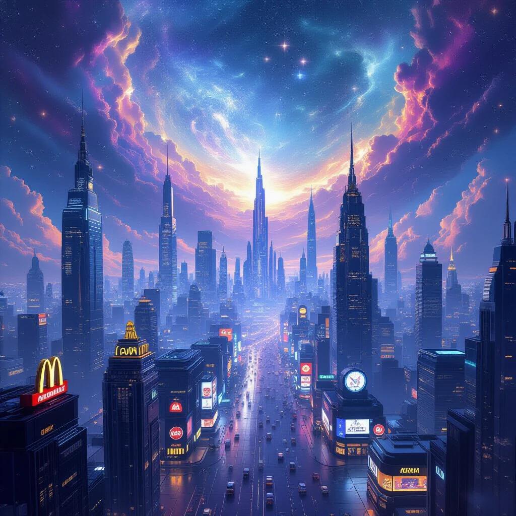 Futuristic city in a personal infinite dimension. Sky filled with violet deep blue and gold hues. Celestial nebulae swirl above. Soft ambient glow illuminates the city. Gleaming skyscrapers and empty pristine streets. Global fast-food chains are operational yet silent. Luxurious shopping districts glowing like jewelry boxes. Living foundation that reconfigures buildings instantly. Colossal crystal tower radiates soft energy. Embodiment of divine will in a boundless realm.