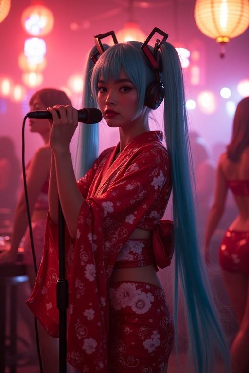 Hatsune Miku performs in a vibrant nightclub. She wears a shiny latex kimono. Long blue hair sways as she sings. The atmosphere is filled with lively energy. Women enjoy the performance in the background.
