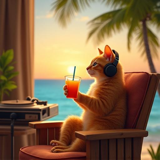 Comical orange cat wearing headphones in a cozy room with a sunset view. Glass of Hawaiian juice is nearby. Music setting with guitar and vinyl player in the background. Tropical atmosphere between coconut trees.