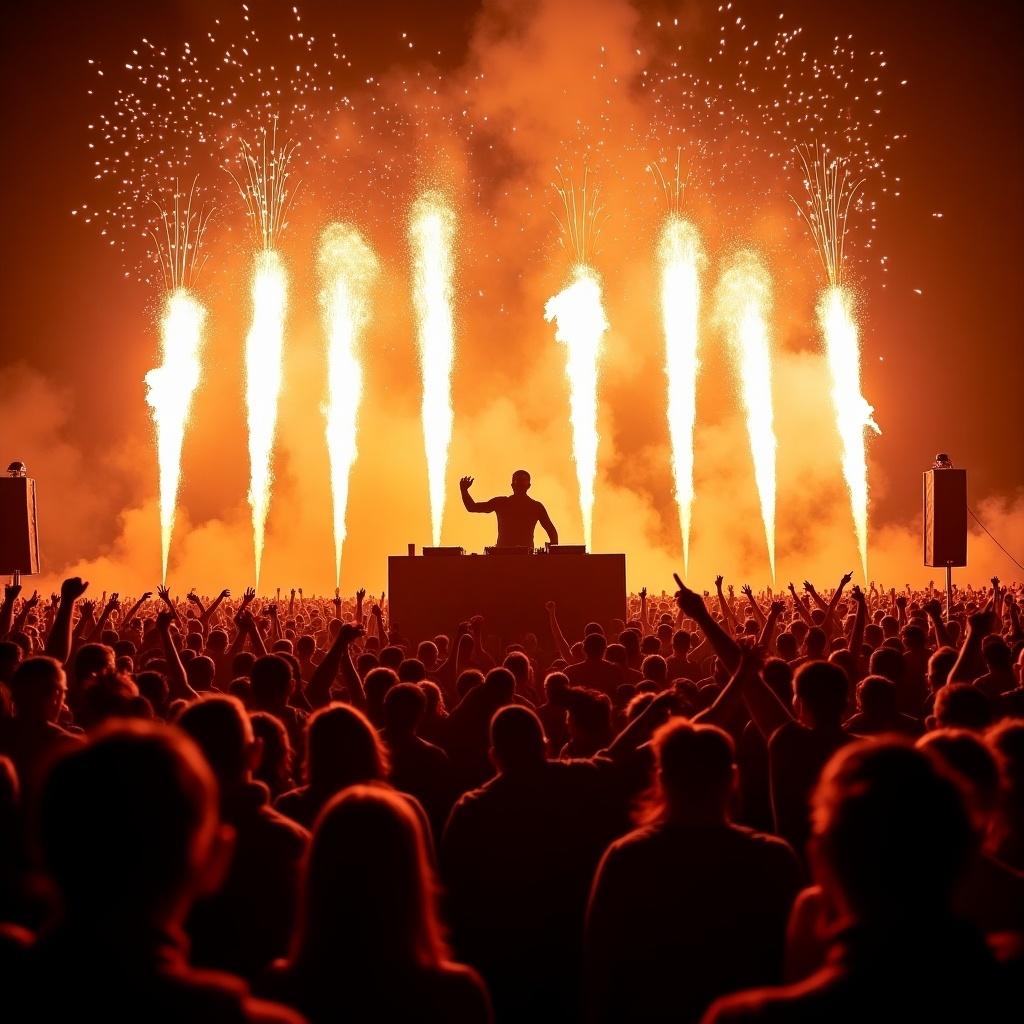 A DJ performs energetically on stage with a lively crowd in front. The background features vibrant fireworks that light up the night sky, creating a thrilling atmosphere. Dynamic flames shoot near the stage, enhancing the excitement of the event. The scene is filled with warm tones of red, orange, and gold, contrasting with black silhouettes of the audience. This image captures the essence of a high-energy music festival.