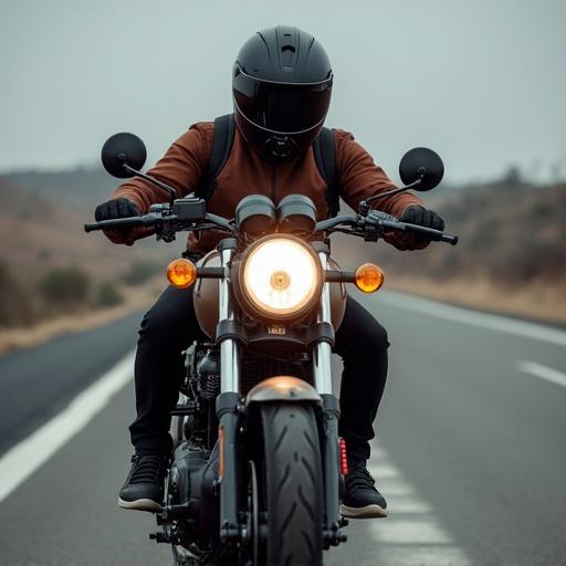A person riding a motorcycle on an empty road. The rider wears a black helmet and a brown jacket. The motorcycle has a distinctive design. The environment is a scenic road with hills. The focus is on the rider and motorcycle together.