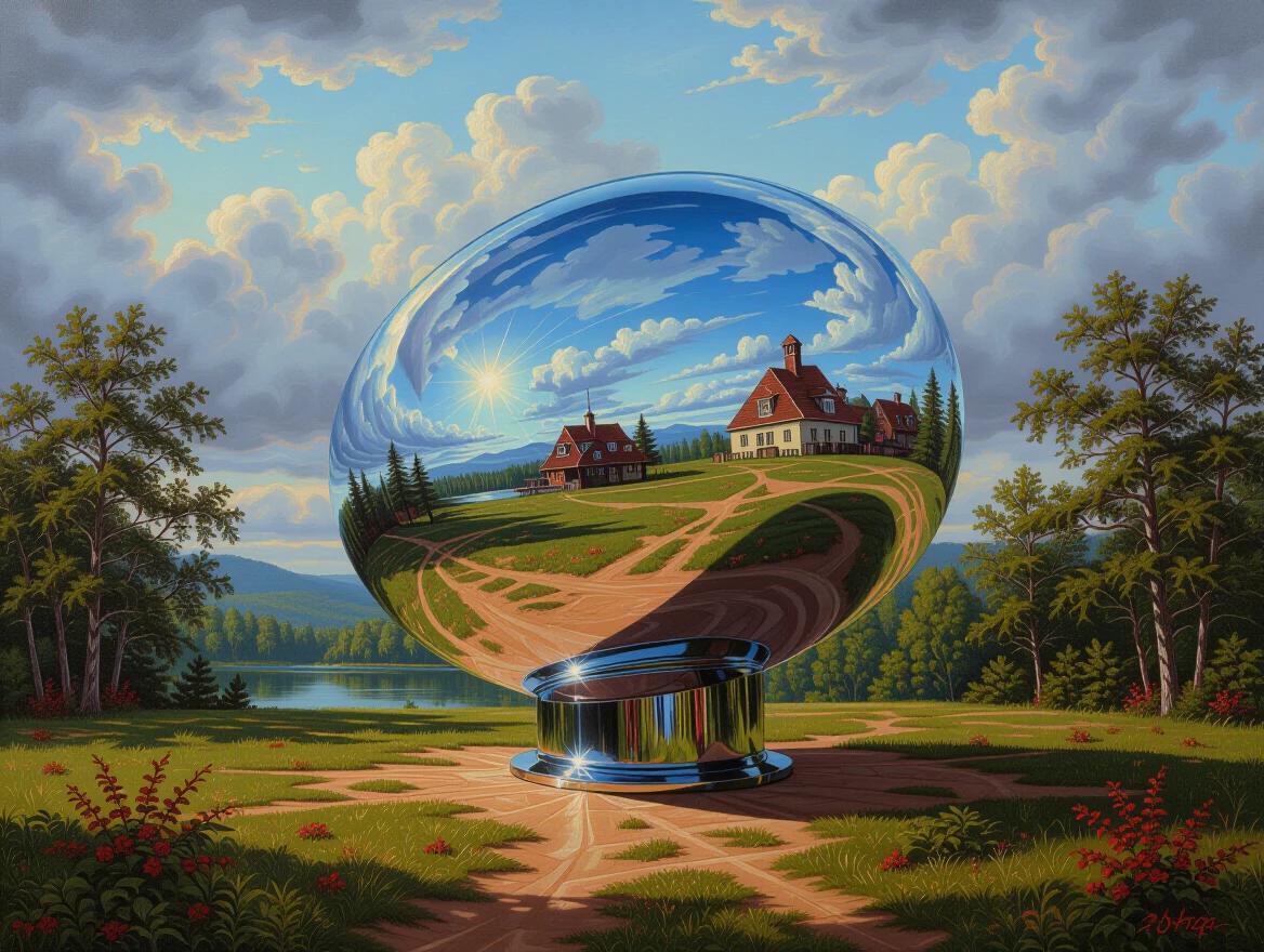 Painting features chrome holographic object in a dark fantasy landscape. Visible thick brush strokes of high-contrast oil paint. Every detail of painting technique is pronounced. Charming and cozy scene with reflections. Nature setting includes homes and vibrant greenery.