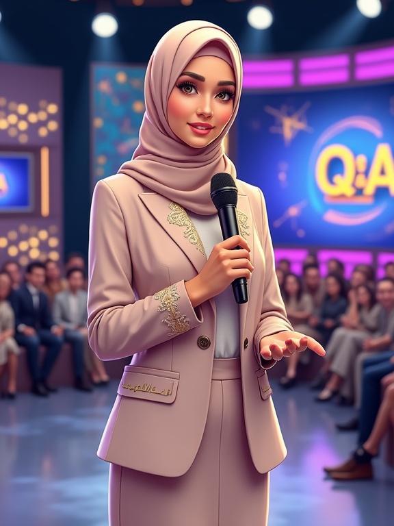 Digital illustration of a Muslim TV hostess in a lively Q&A show setting. Hostess has a confident smile, wearing a chic hijab and pastel outfit. Studio background features abstract logo and audience. She holds a microphone, gesturing towards the audience. Soft lighting enhances her features. The scene is vibrant and engaging.