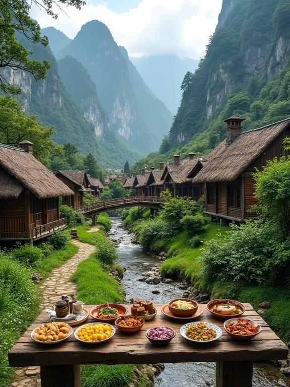 Tranquil mountain village nestled in lush greenery with traditional wooden cottages and thatched roofs. Curved wooden path leading through the village with a small stream and rustic stone bridge. Wooden table set with traditional foods invites peaceful rural lifestyle. Dramatic mountain cliffs and dense forest create serene atmosphere.