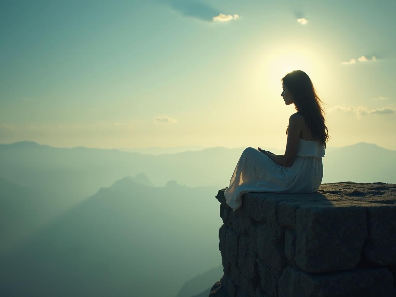 Una figura solitaria sentada al borde de un acantilado, en un entorno sereno. Ella mira hacia el horizonte, rodeada de montañas suaves y un cielo iluminado por un brillo dorado. La imagen transmite un sentido de paz y reflexión. La silueta de la persona resalta en el paisaje, simbolizando el momento de contemplación sobre las pruebas de la vida. Es un canto a la calma y la búsqueda de la justicia divina en medio de la vastedad de la naturaleza.