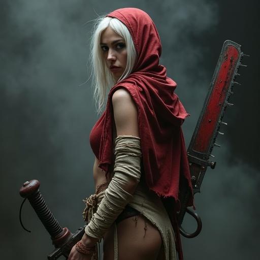 Dark fantasy female cosplay featuring a young adult with pale skin. Intense gaze and alluring pose. Wearing a torn red hooded cloak and minimal distressed wrappings. Holding a large chainsaw-like sword. Serious expression in a strong warrior pose. Dark smoky background with dramatic lighting. Gothic fantasy style with detailed textures.