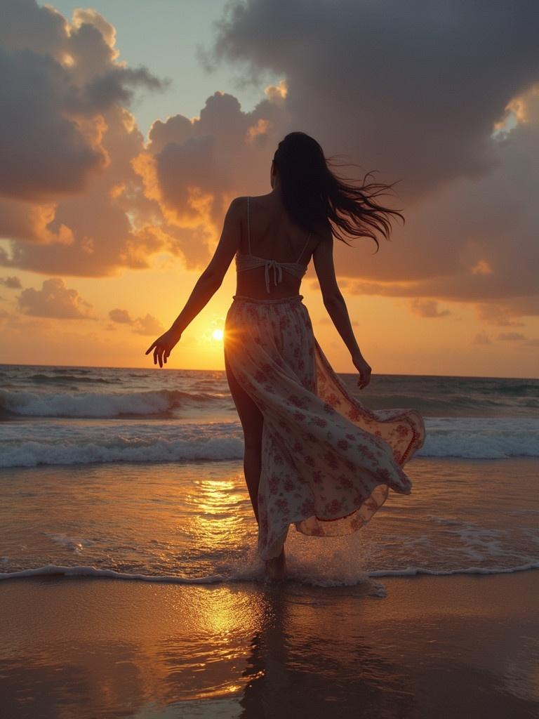 Silhouette of a woman walking on the beach during sunset. She wears a flowing dress. Background shows warm colors of sunset over the ocean. Gentle waves lap at her feet.