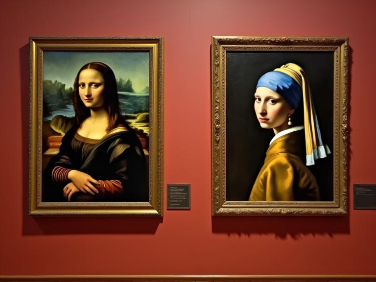 Museum wall display with 2 famous paintings. One is Mona Lisa. The other is Girl with the Pearl Earring. The paintings appear to be animated in a slap fight style.