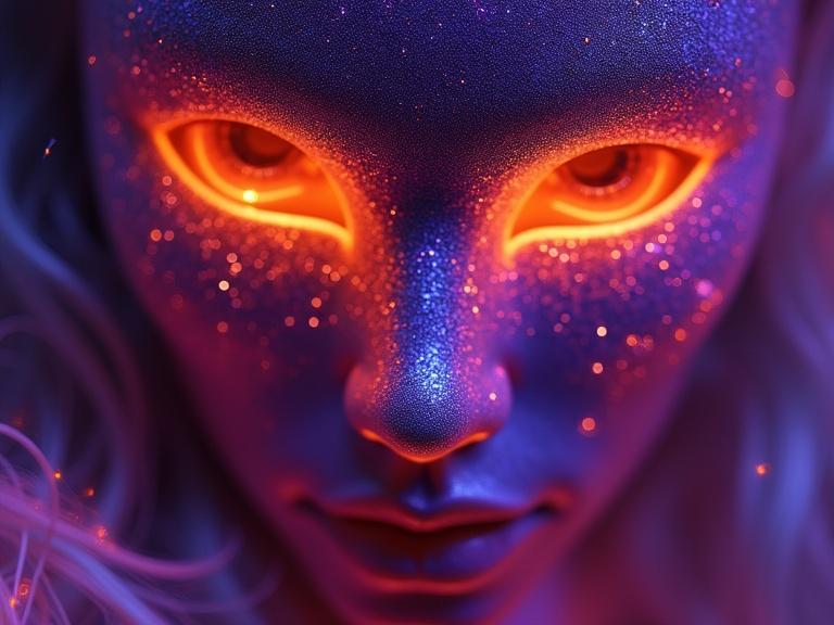 Macro shot of a detailed purple and orange shimmering female mask designed as a thief-god. The mask features orange stripes and glowing purple lights. Scene is colorful and luminescent with hyper-detailed sparkle for a photorealistic experience.