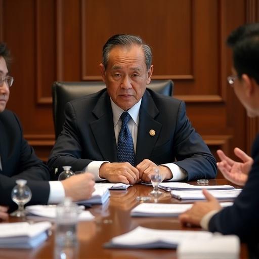Ma Ying-jeou seated at a polished table in a wood-paneled meeting room. Engaged in discussion with political advisors. Analyzing impact of DPP obstruction on cross-strait exchanges. Stacks of reports on table.